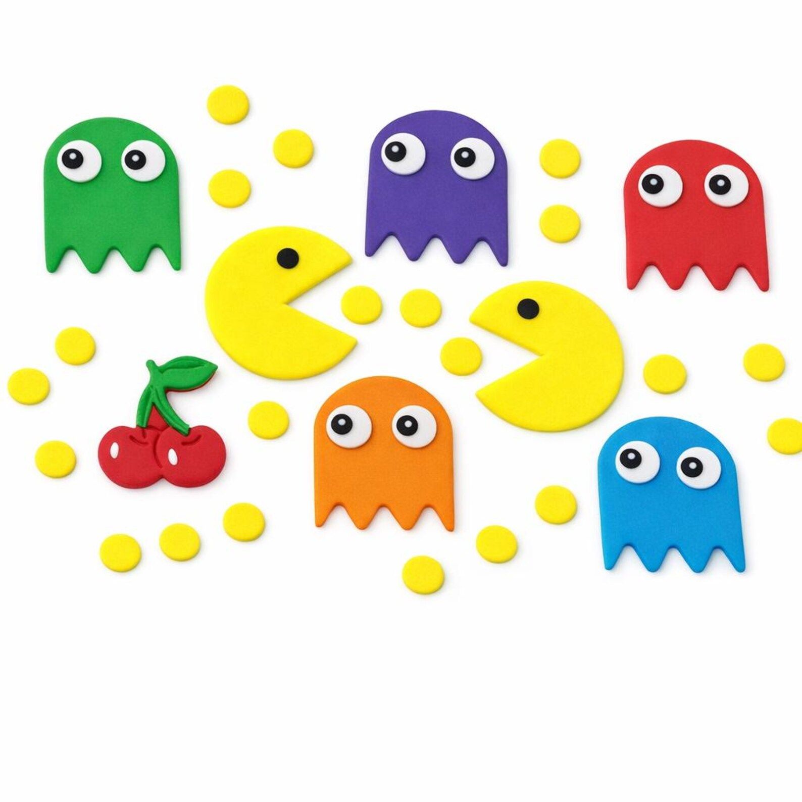 PACMAN CAKE TOPPERS X 8 (PLUS 20 x 1CM DOTS) - APPROX 5CM - *FANTASTIC*